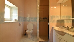 Une salle de bain avec des toilettes, un lavabo et une douche.