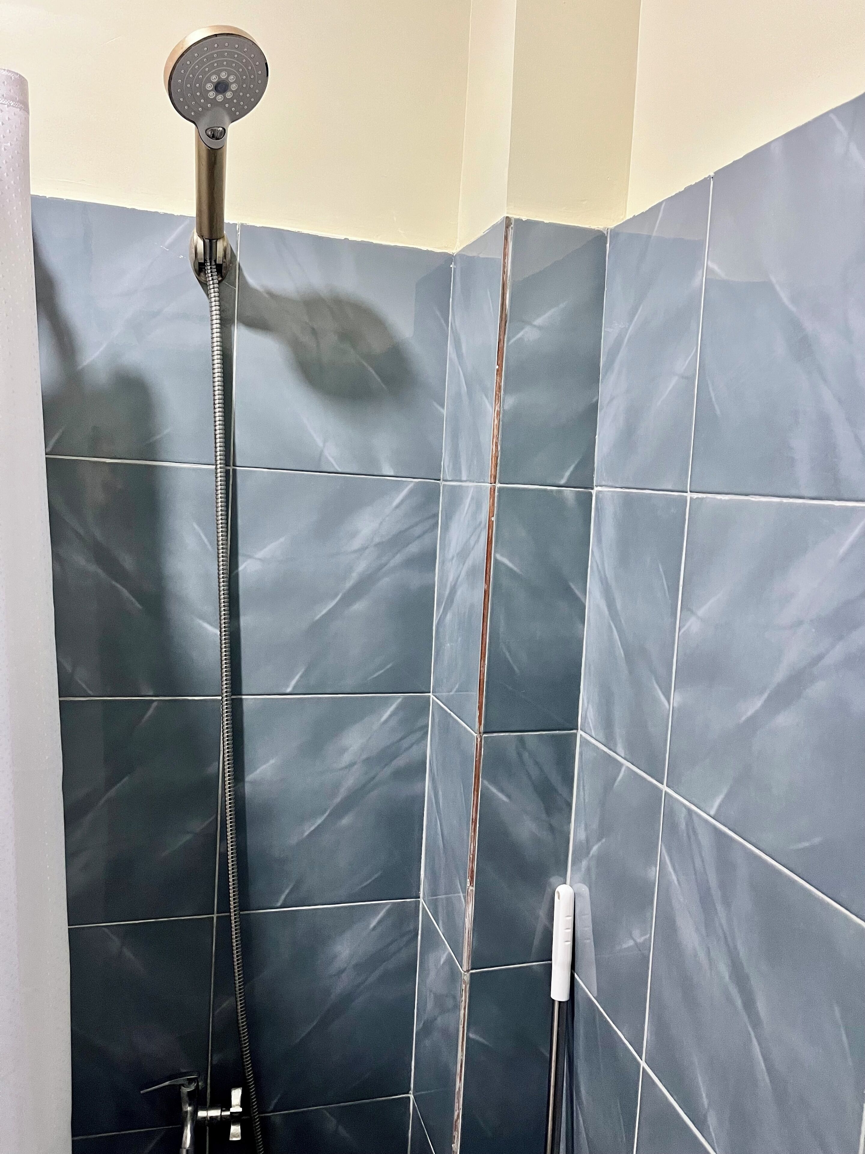 A shower with a handheld showerhead and a wall-mounted faucet. The shower area has dark blue tiles with visible grout lines.