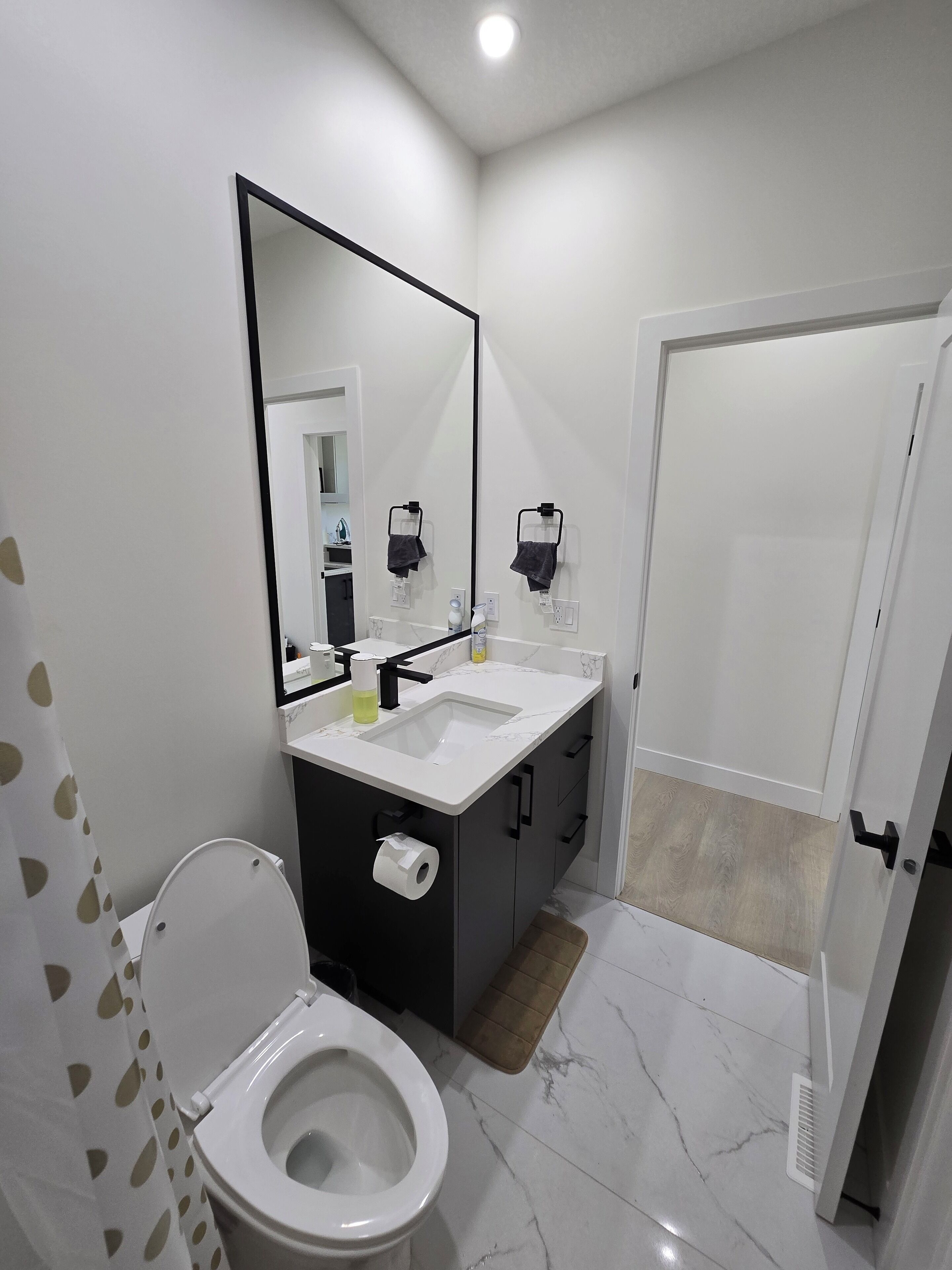 A modern bathroom with a toilet, sink, and mirror.