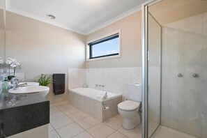 Hair dryer, towels, soap, toilet paper