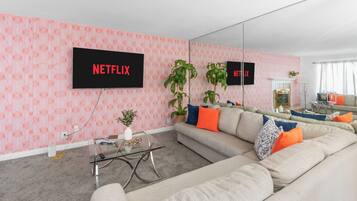 Smart TV, fireplace, video games, foosball