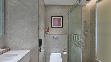 A modern bathroom with a glass shower enclosure, a toilet, and a vanity with a sink.