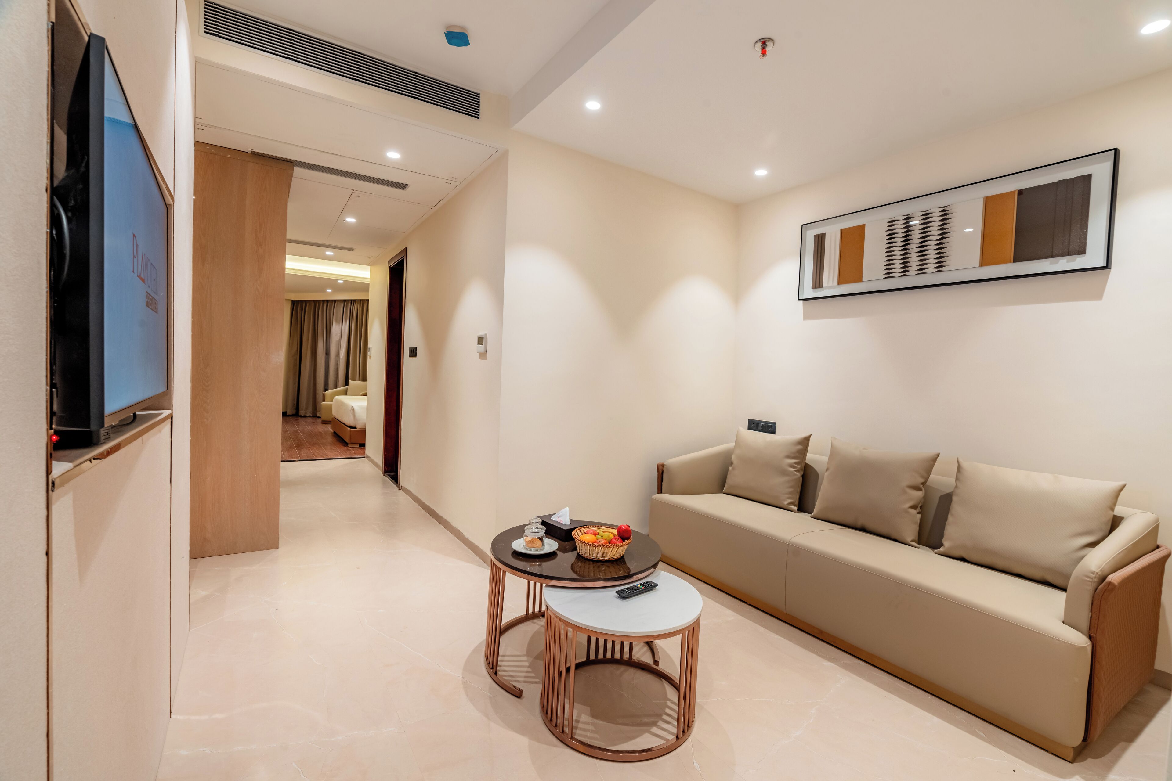 A modern living room with a sofa, a coffee table, and a television.