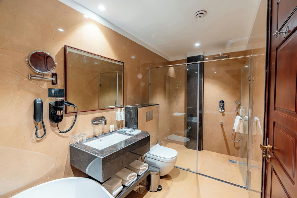 Une salle de bain moderne avec une douche à parois de verre, un lavabo en marbre et un grand miroir.