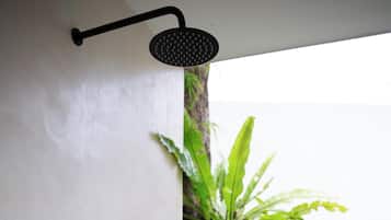 Phòng đôi tiện nghi đơn giản, sân hiên, quang cảnh vườn | Phòng tắm | Buồng tắm vòi sen, đồ dùng nhà tắm miễn phí, máy sấy tóc, khăn tắm