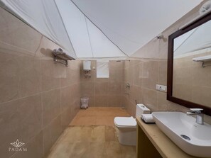 Luxury Double Room, Balcony, Resort View | Bathroom | Shower, hair dryer, towels, soap - PADAM DESERT CAMP. JAISALMER (Jaisalmer)