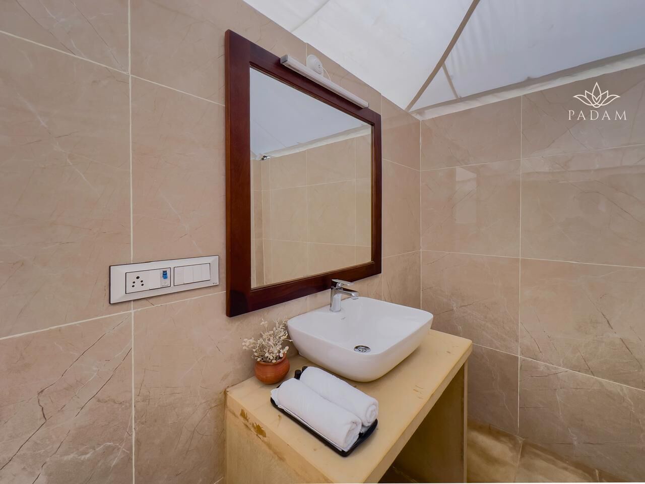 A bathroom with a large mirror, a white sink, a wooden vanity, and a small potted plant.