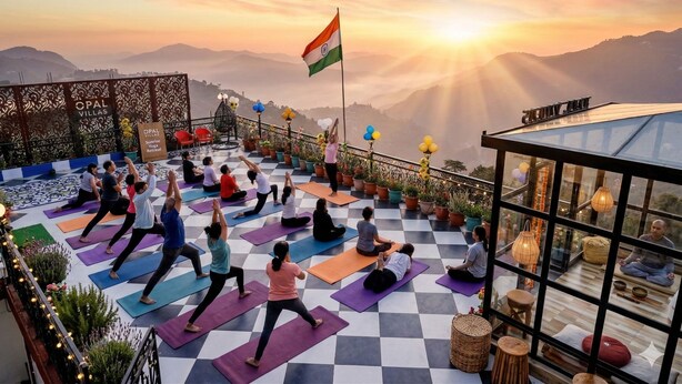 Una sesión de yoga en una azotea con vistas a las montañas y el sol poniéndose al fondo.