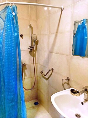Hair dryer, towels, soap, toilet paper