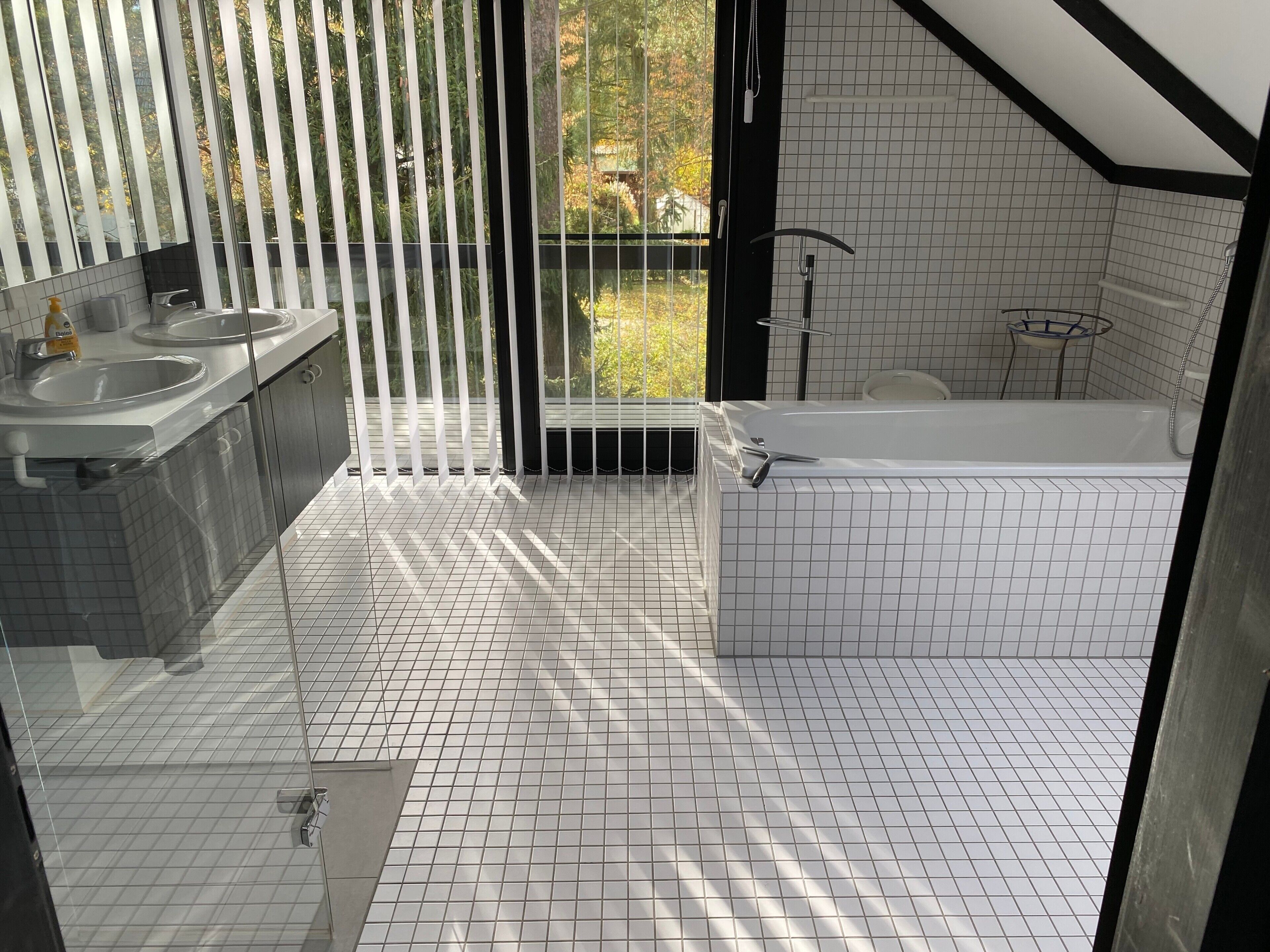 A modern bathroom with a bathtub, two sinks, and a glass-enclosed shower area.