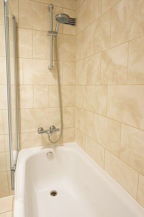 Hair dryer, towels, soap, shampoo