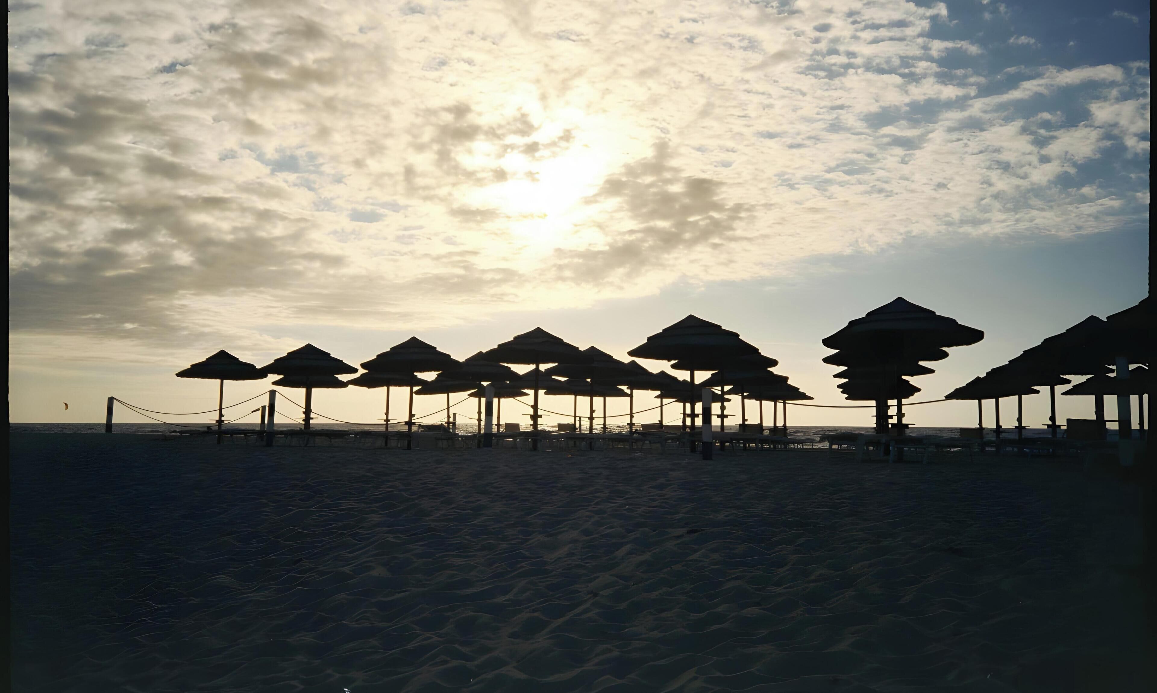 A beach with multiple umbrella structures.