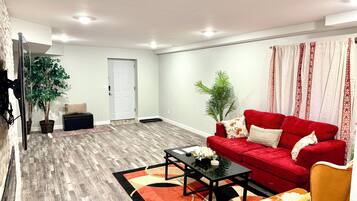 Smart TV, caminetto, libri