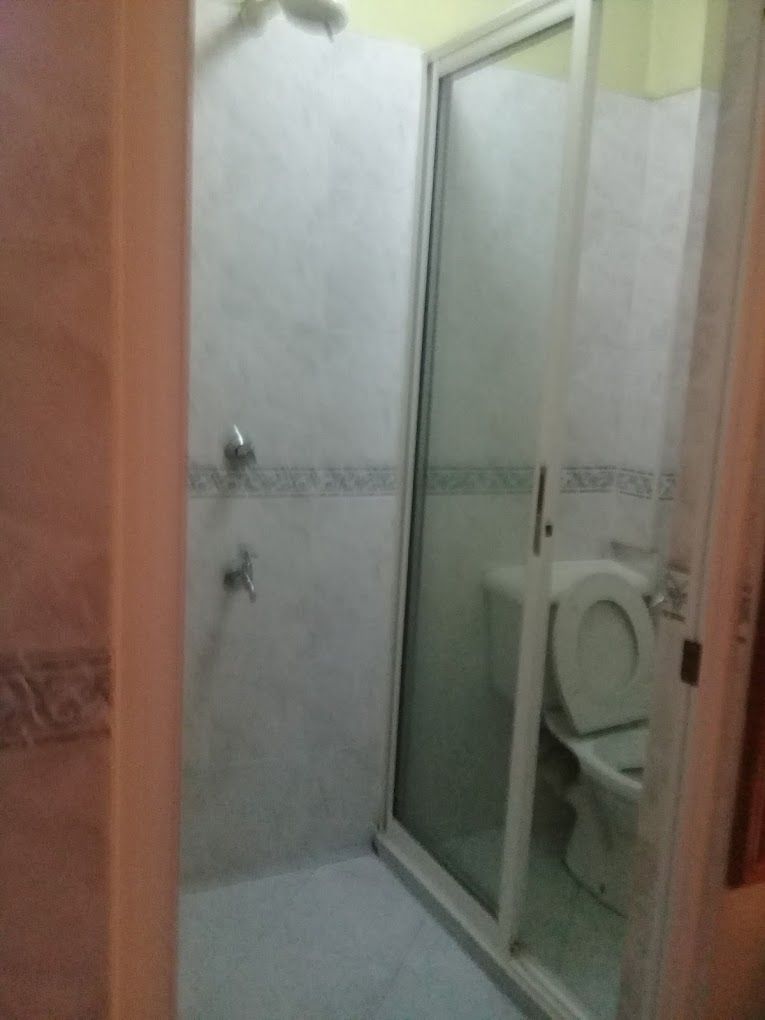 A small, enclosed shower area with a glass door, a toilet, and a showerhead.