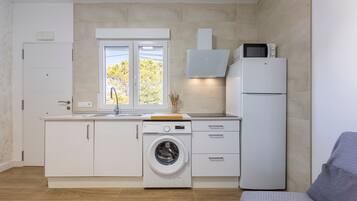 Fridge, microwave, stovetop, coffee/tea maker