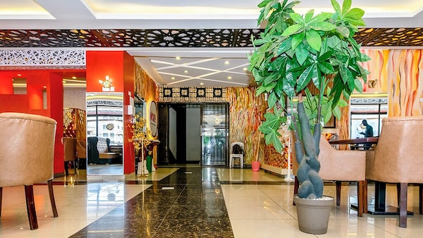A hotel lobby with a large potted plant, a reception desk, and a seating area with chairs. - Nur Complex Hotel  (Nairobi)
