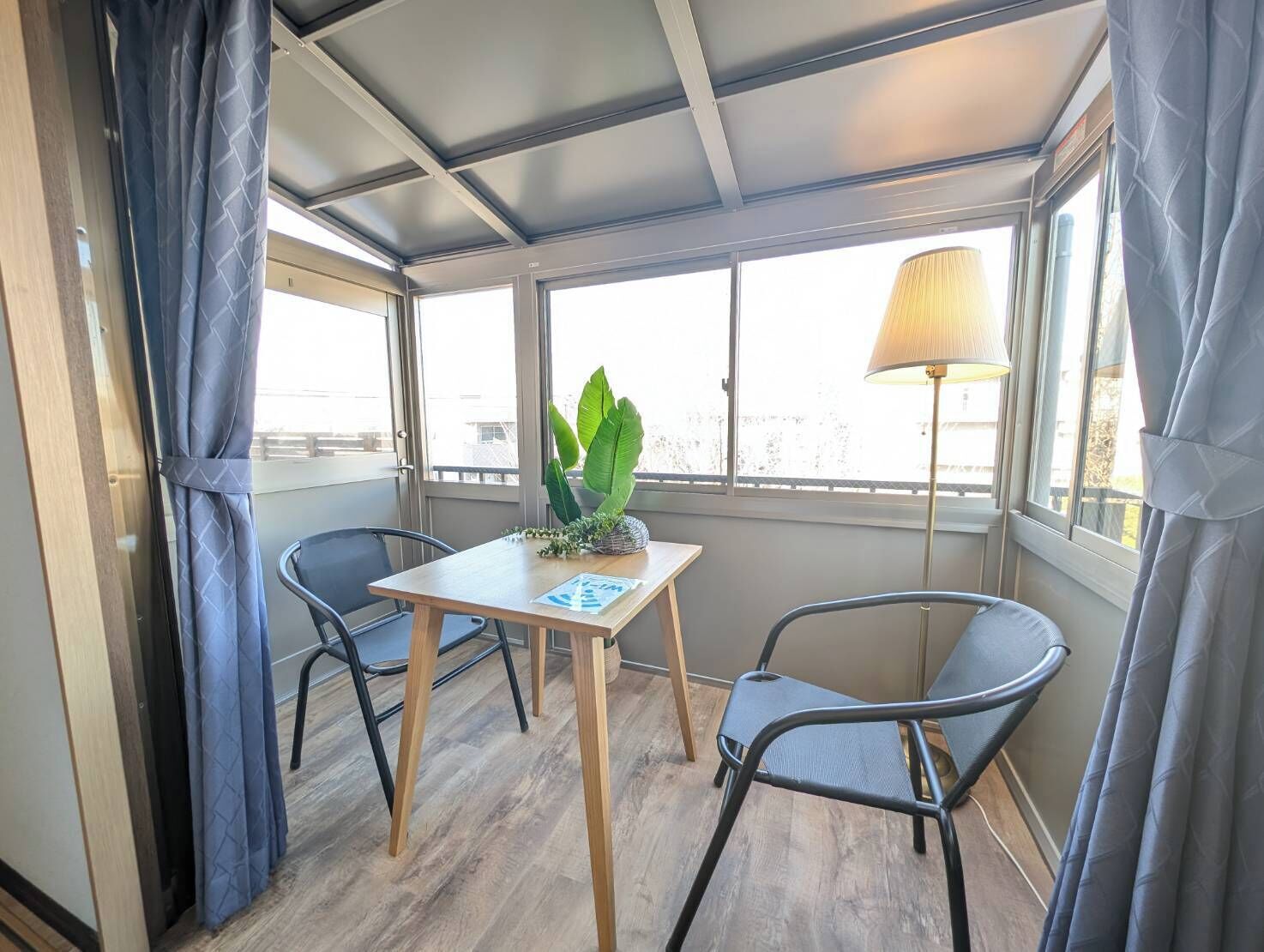 Desk, laptop workspace, blackout curtains, iron/ironing board