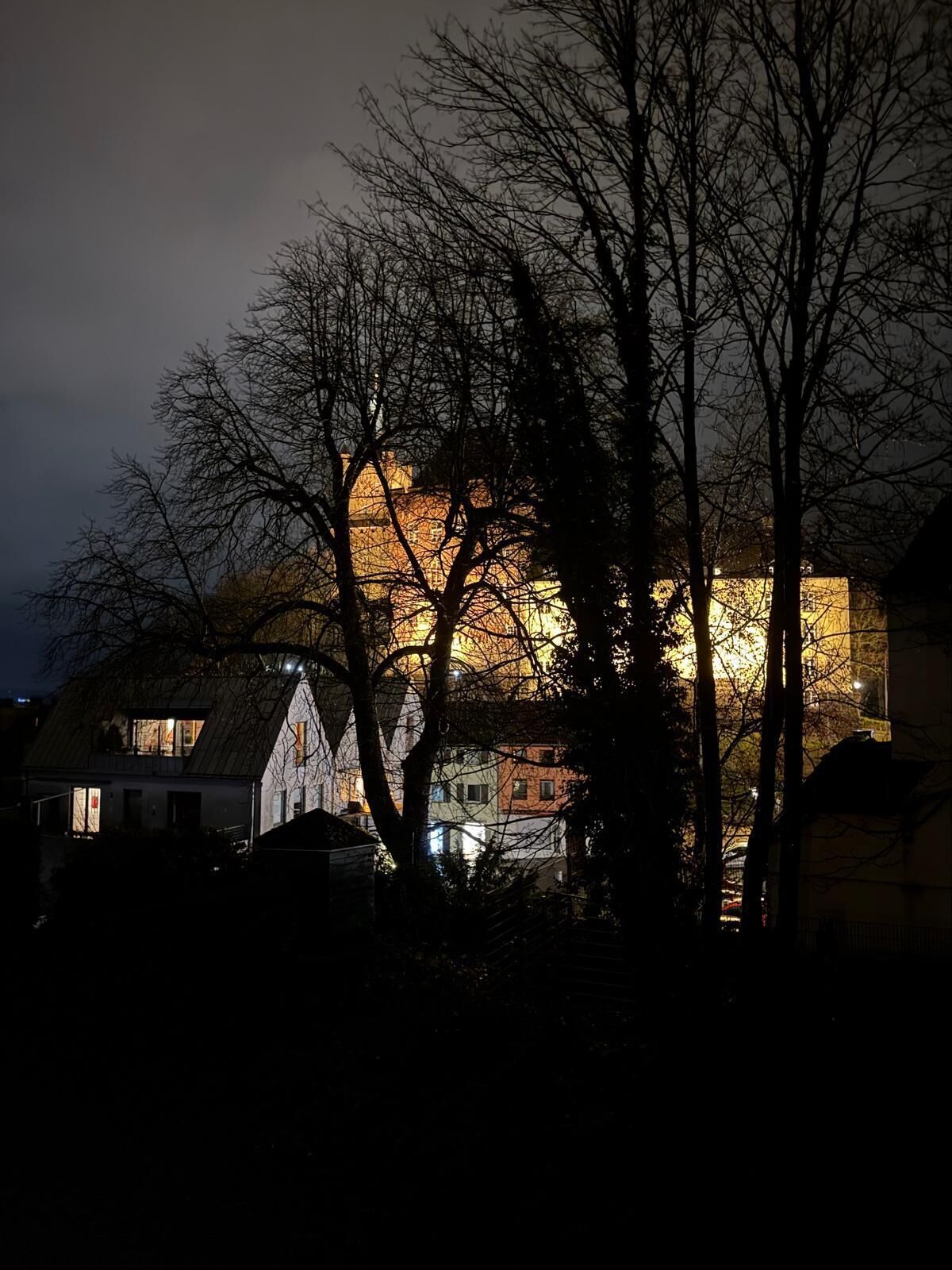 Um edifício com fachada iluminada e marcante ao entardecer, cercado por árvores sem folhas.