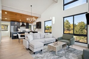 Smart TV, chimenea y oficina