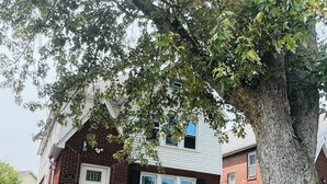 Une maison à deux étages, construite en briques, avec une porte et des fenêtres blanches, un arbre devant et une allée.