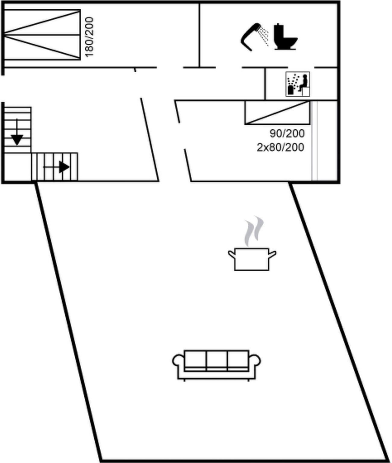 Een plattegrond met een keuken, een badkamer en een woongedeelte.