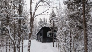 Una cabaña rodeada de árboles cubiertos de nieve.