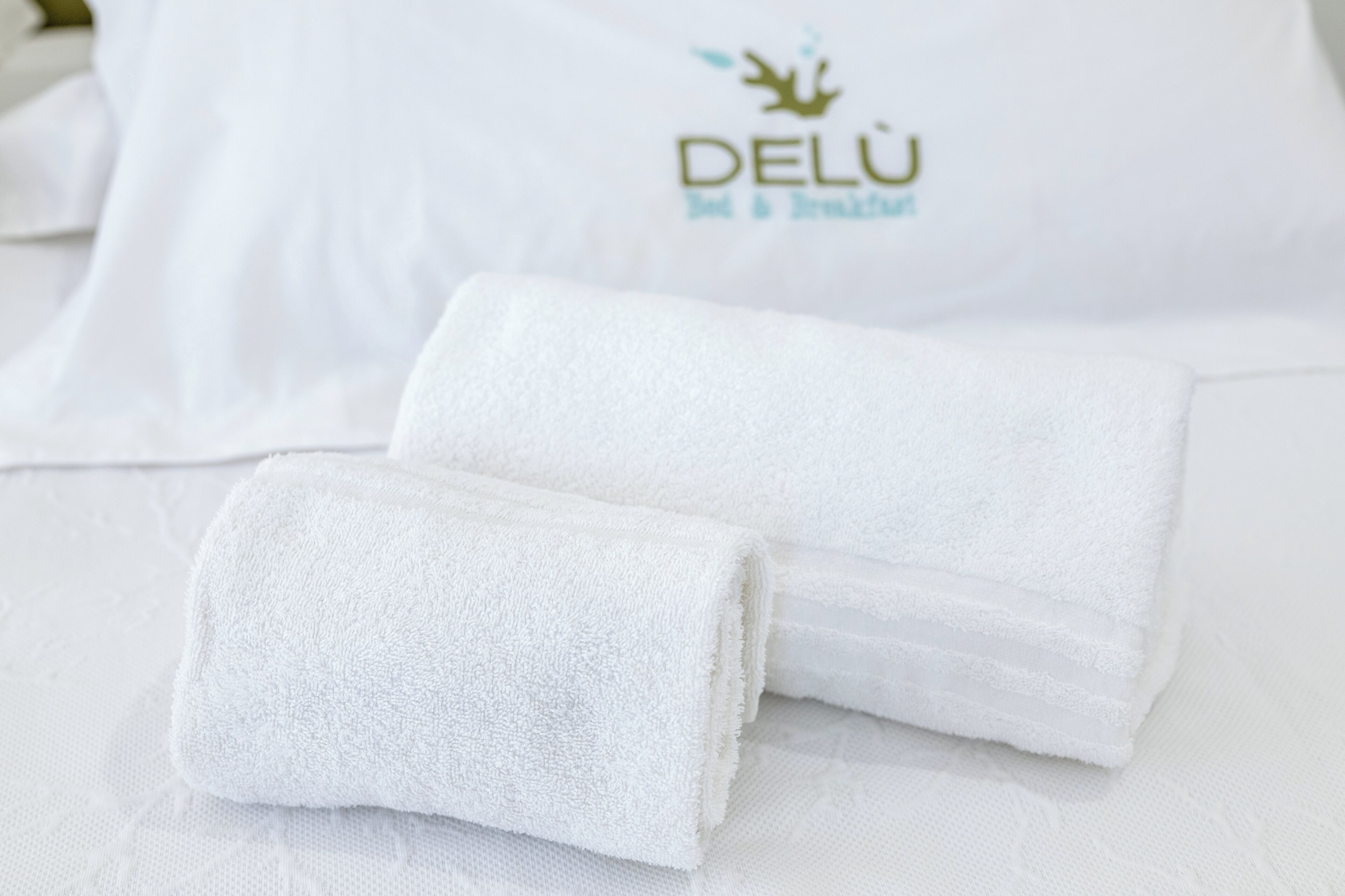 Une serviette blanche soigneusement pliée et un oreiller blanc orné d’un logo sont posés sur un lit.