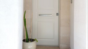 Un pasillo con una puerta blanca, una planta en maceta y una pared con textura.