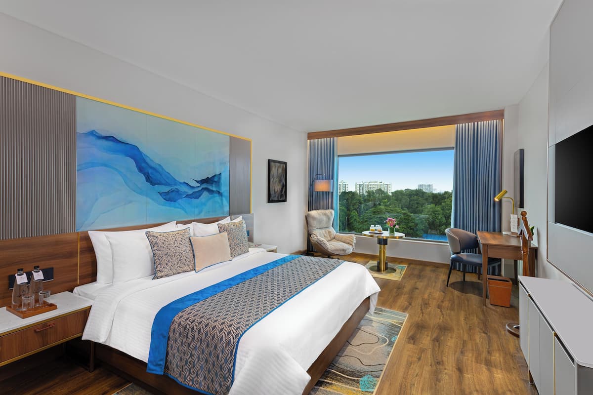 A hotel room with a large bed, a desk, a chair, a TV, and a window with a city view.