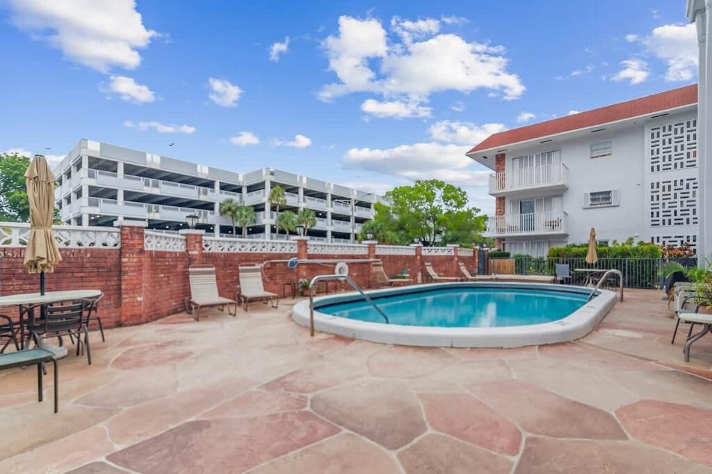 Outdoor pool, pool umbrellas, pool loungers