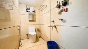 Bidet, towels, soap, toilet paper