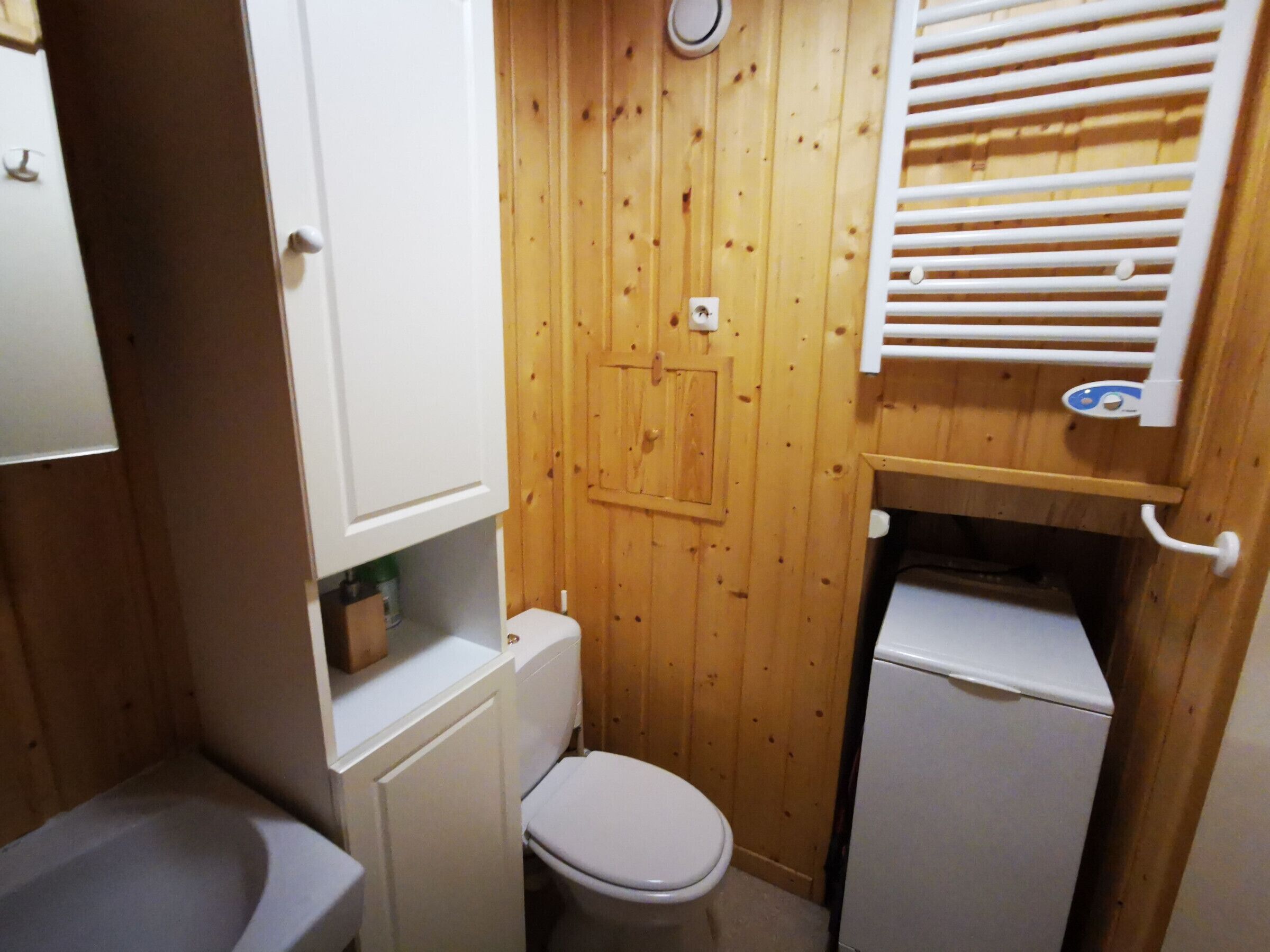 A compact bathroom with a white toilet, a small sink, and a cabinet.