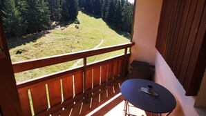 Ein Balkon mit Tisch und Stühlen, der auf einen bewaldeten Bereich mit einem klaren Weg blickt.