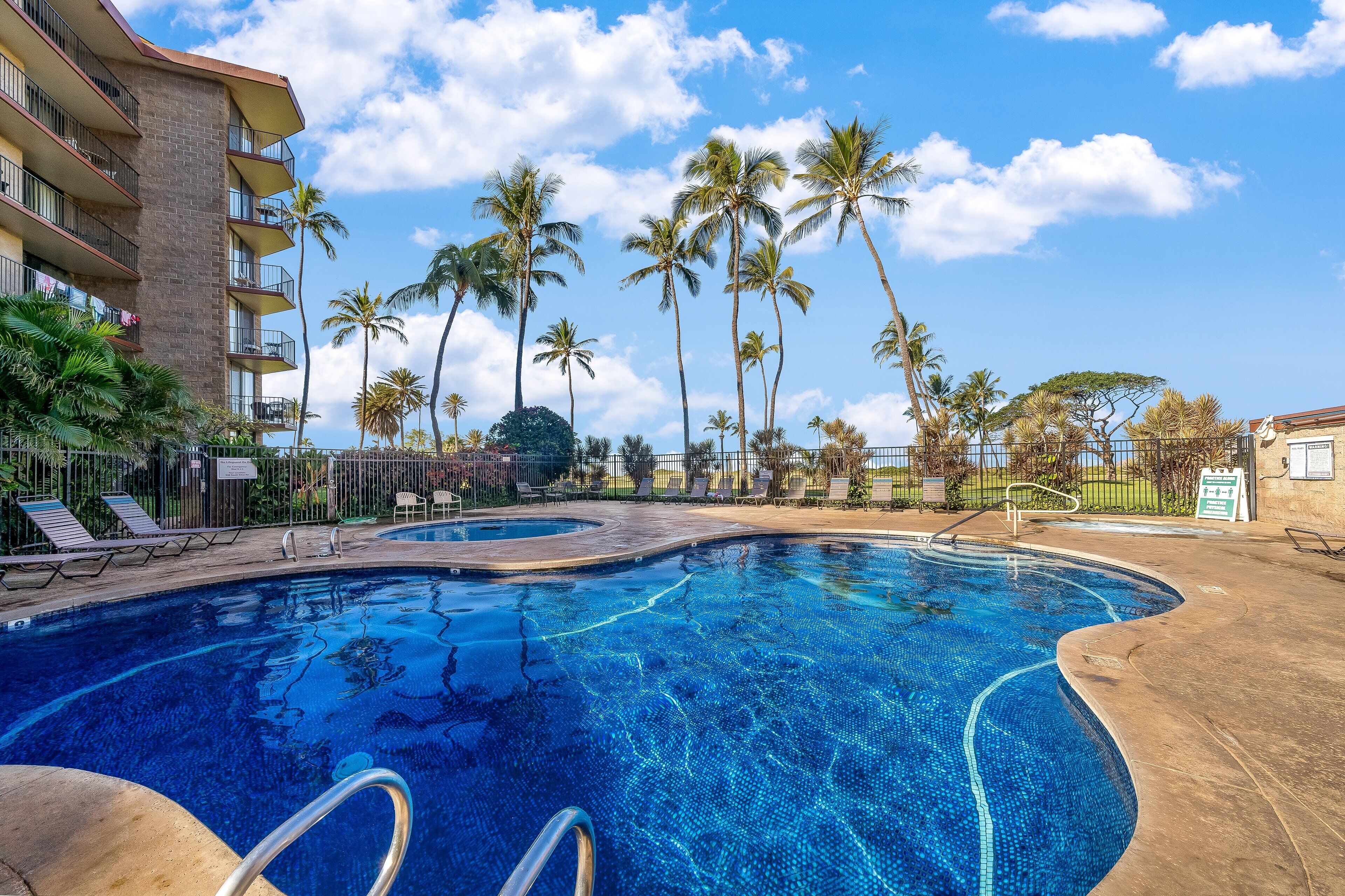 A swimming pool with a clear blue water surface, surrounded by palm trees and a building with balconies.