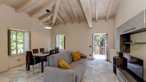 A spacious living area with a gray sofa, a dining table with chairs, a TV, and a fireplace.