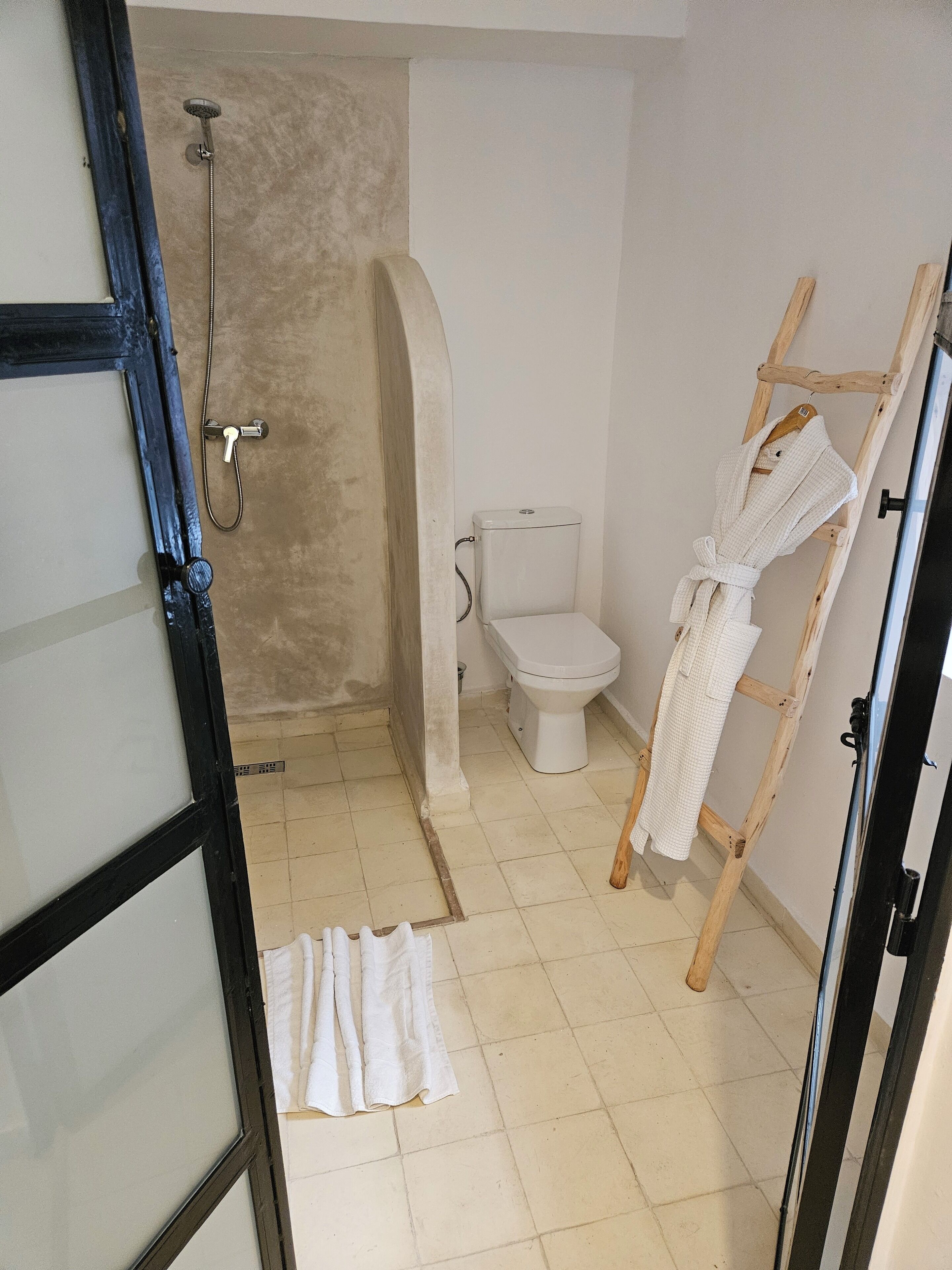 A bathroom with a shower, toilet, and a wooden ladder.