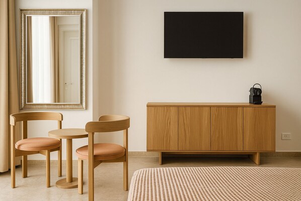 A room with a wooden cabinet, two chairs, a round table, a large mirror, and a flat-screen TV mounted on the wall.