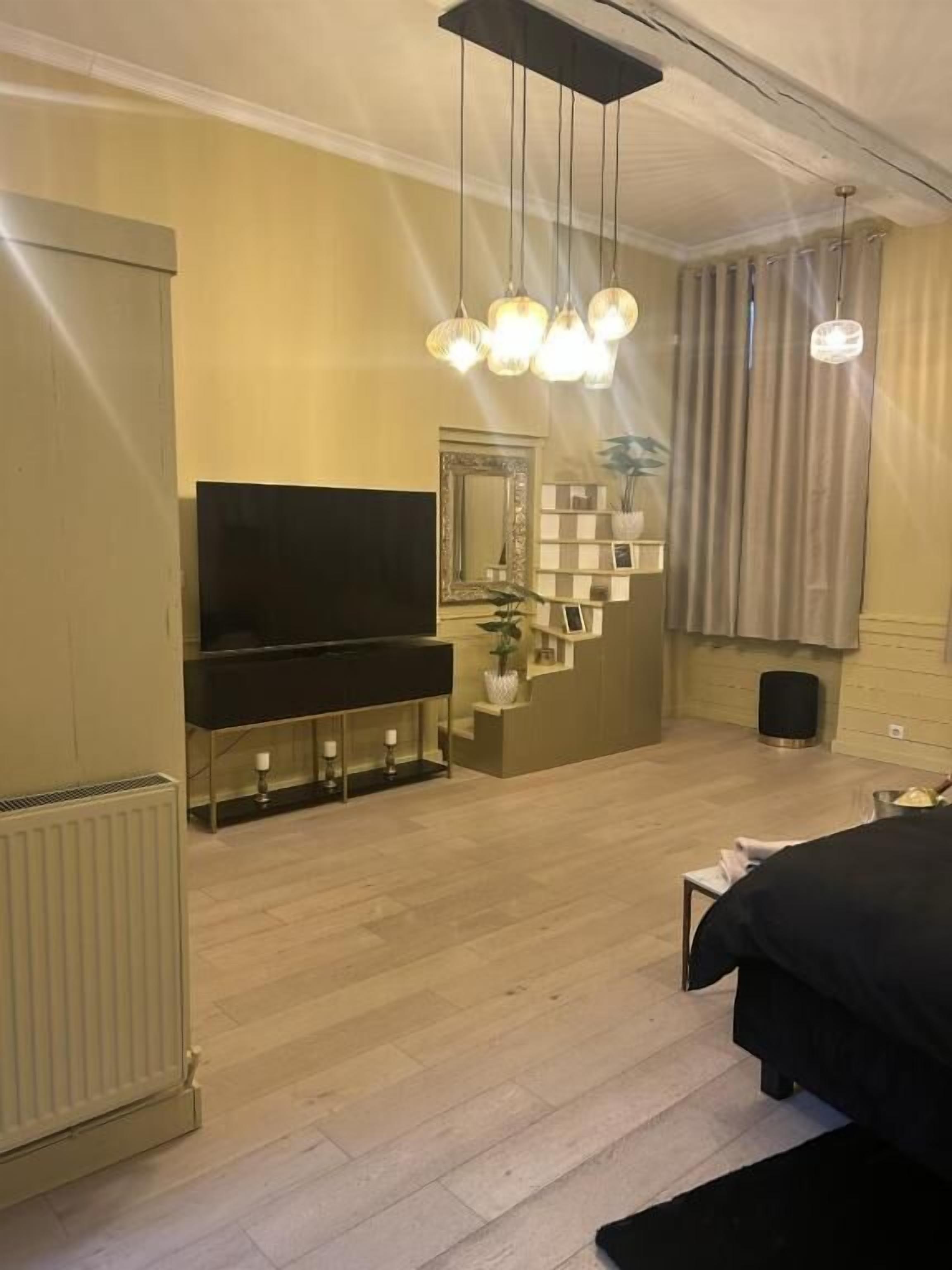 A modern bedroom with a large bed, a TV, a mirror, and a small seating area with a plant.