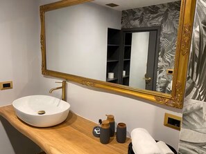 Shower, hair dryer, bidet, towels
