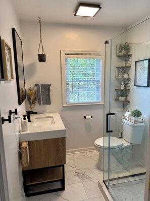 Shower, hair dryer, towels, soap