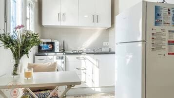 Kühlschrank, Mikrowelle, Herdplatte, Wasserkocher mit Kaffee-/Teezubehör