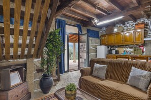A cozy living room with a brown patterned sofa, a large potted plant, and a wooden ceiling.