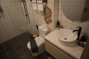 Sèche-cheveux, serviettes fournies, savon, papier toilette