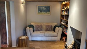 Un salon confortable avec un canapé, une cheminée et une bibliothèque.