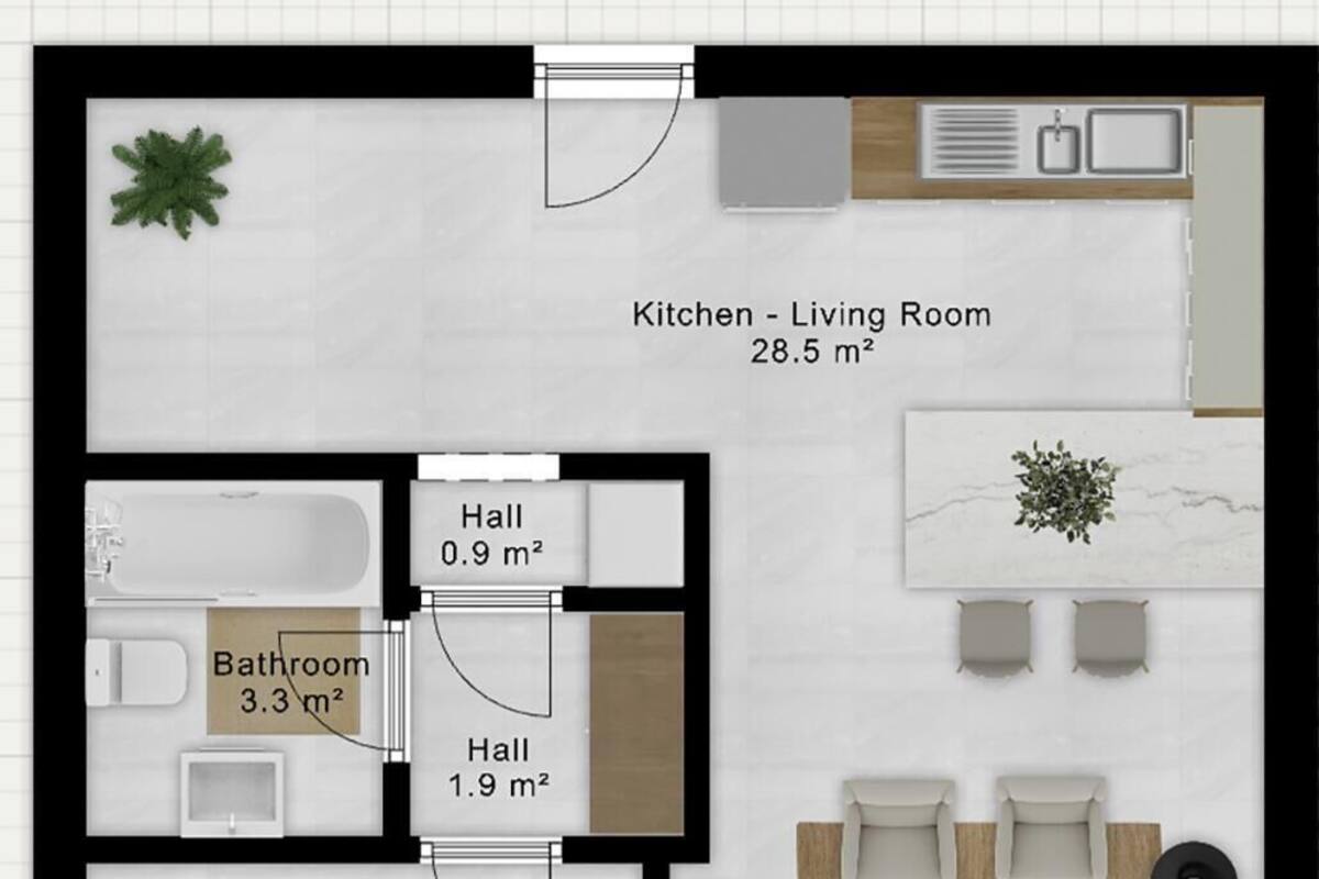 A floor plan of a 1-bedroom apartment with a kitchen, living room, bathroom, two small halls, bedroom, and terrace.