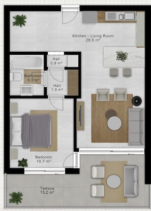A floor plan of a 1-bedroom apartment with a kitchen, living room, bathroom, two small halls, bedroom, and terrace. - Sanders Limassol Park - Full Building (Trachoni)
