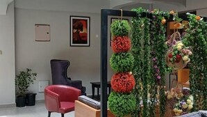A modern living room with a high ceiling, a chandelier, a red chair, a grey sofa, and a decorative wall with plants and flowers. - Enkipai Hill Hotel (Narok)