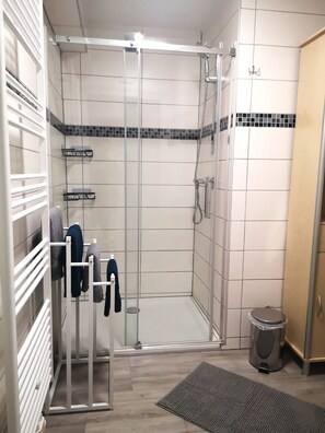 Shower, hair dryer, towels, soap