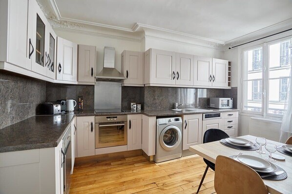 Fridge, microwave, oven, dishwasher