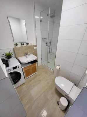Hair dryer, towels, soap, toilet paper